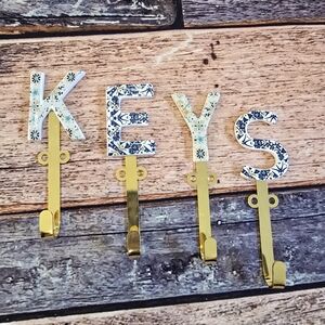 Floral KEY Wall Hooks - Gold and Blue